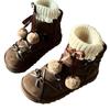 New Winter Women's Boots with Butterfly Knot, Coffee Color,Flat Platform Snow Boots Short Tube Warm Woolen Boots