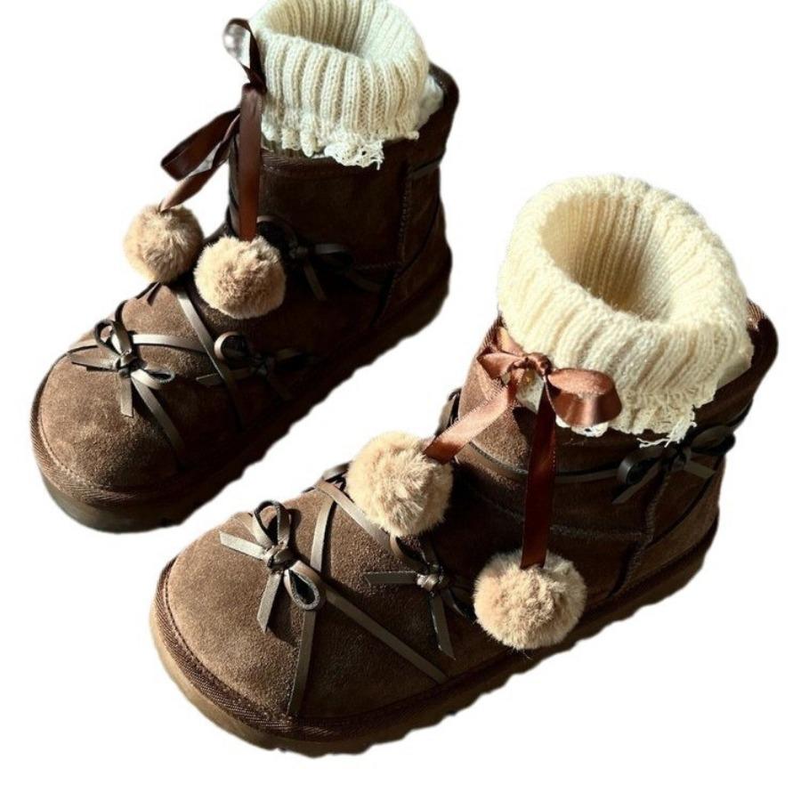 New Winter Women's Boots with Butterfly Knot, Coffee Color,Flat Platform Snow Boots Short Tube Warm Woolen Boots