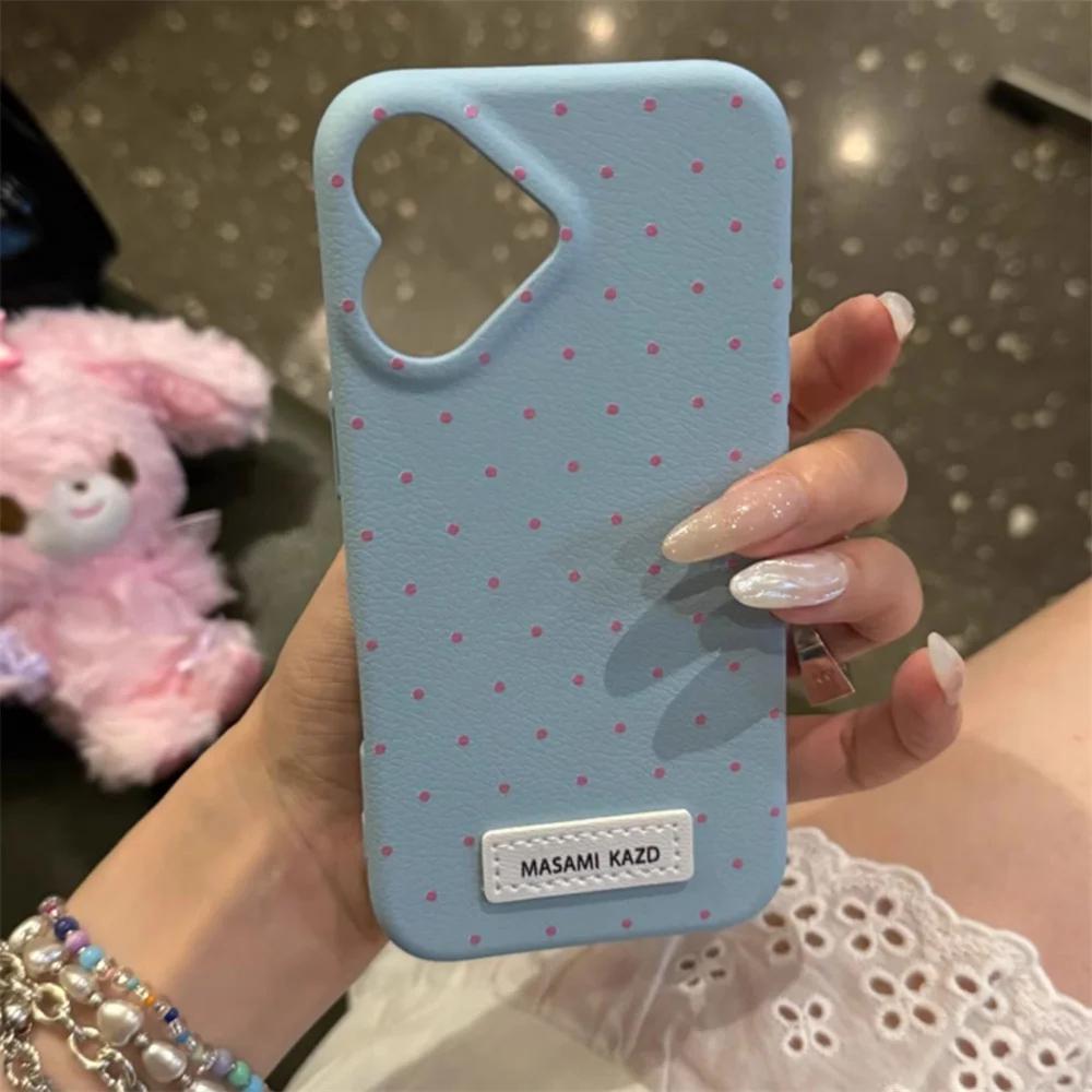 Korean Cute Love Heart Shape Camera Dots Leather Case For iPhone 17 Air 16 Pro 15 14 13 12 Pro Max Japan Kawaii Girl Soft Cover