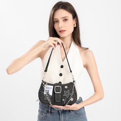 Star Denim Underarm Bag Fashion Trendy Niche Design Crescent Bag Canvas Handbag Chain Bag