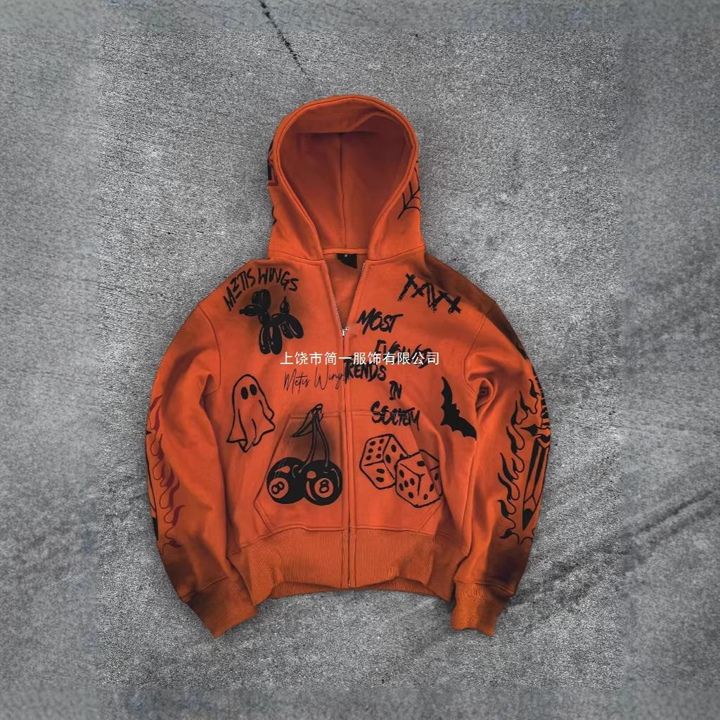 European and American street retro funny ghost print loose zipper long sleeve hoodie sweater