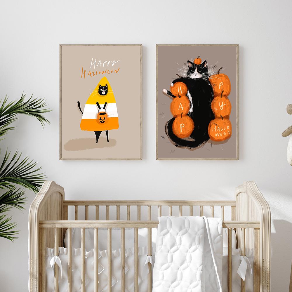 Funny Halloween Black Cat Autumn Wall Art Canvas Painting Nordic Posters And Prints Pumpkin Wall Pictures for Kids Room Decor