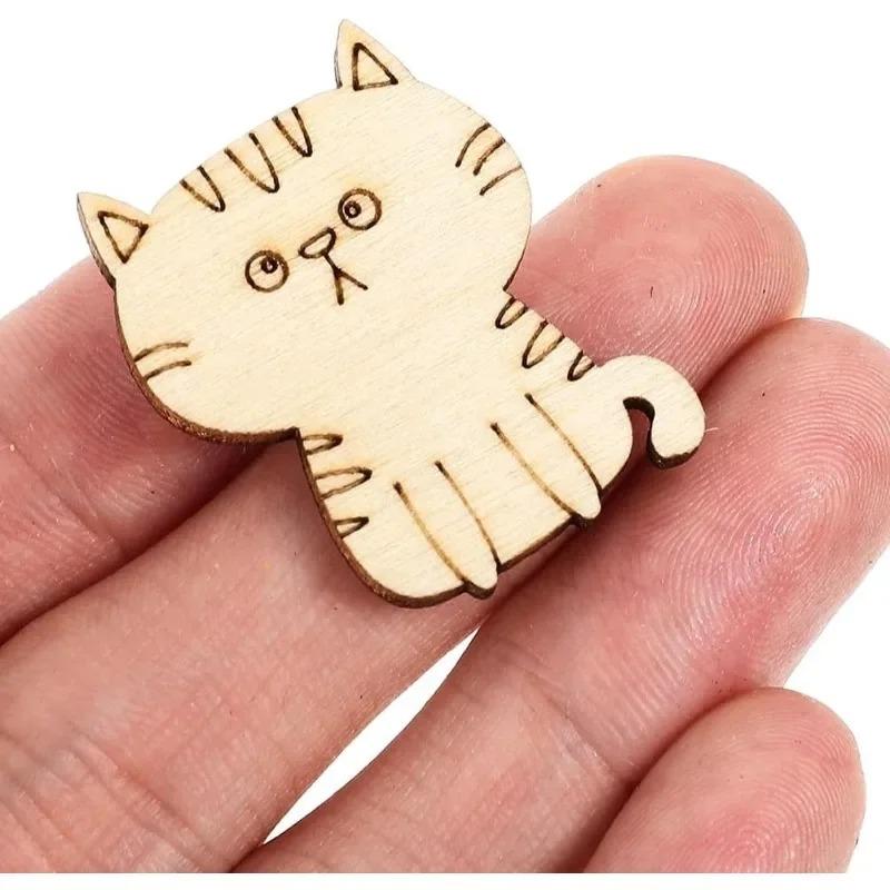 50pcs Unfinished Wooden Cat Cutouts Wood Discs Slices Blank Cat Animal Shaped Disc for Home DIY Handicraft Birthday Party