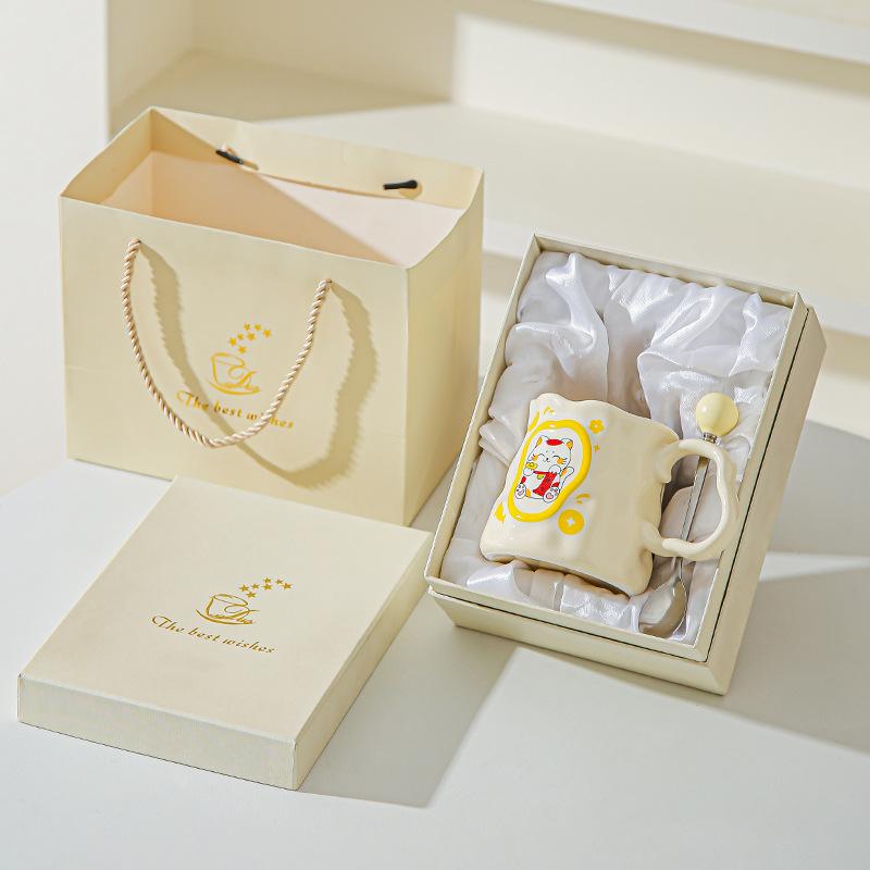 Cupa Ceramică Pisică Norocoasă Desen Animat Cupă Iregulară cu Aspect Înalt Cupă Creativă pentru Lapte/Mic Dejun Suvenir de Deschidere