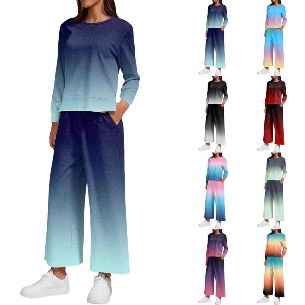 Women's Fashion Round Neck Loose Fit Printed Sweatshirt and Jogger Pants Set with Side Split Hem