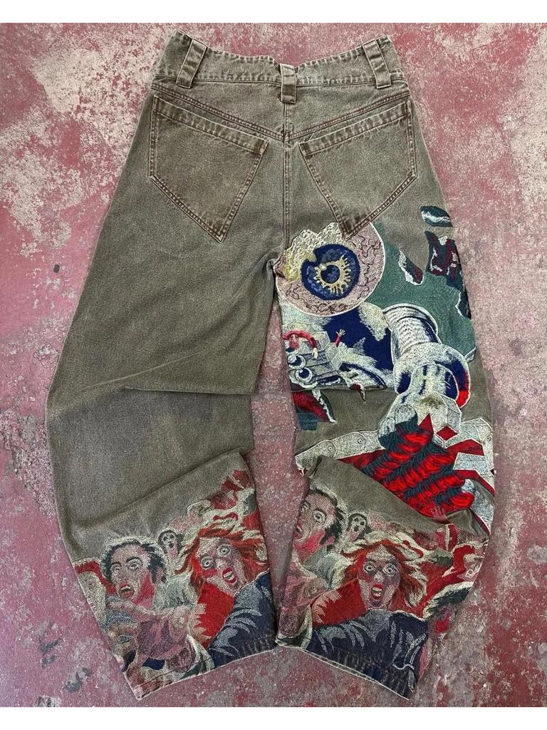 Джинсы Streetwear Y2K Harajuku Gothic Retro Hip Hop с вышивкой Мешковатые джинсы Мужские и женские Новые брюки с высокой талией и широкими штанинами