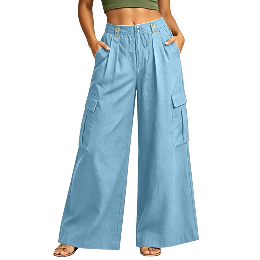 Women Wide Leg Cargo Pants High Waist Button Detail Loose Fit Casual Trousers with Side Pockets and Pleated Design