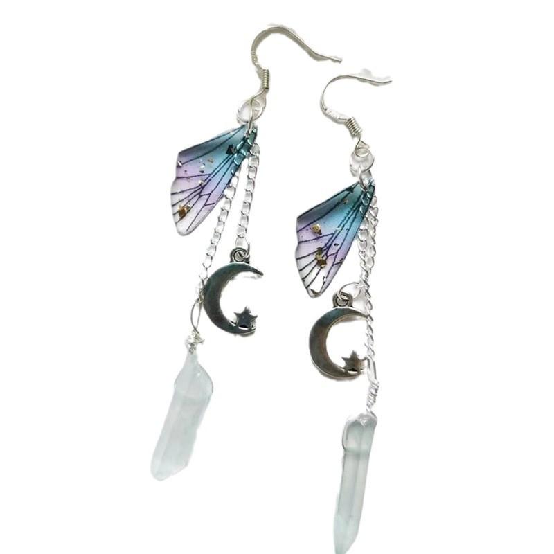 Moon And Star Quartz Crystal Butterfly Wing Hoop Earrings For Women With Silver Plating