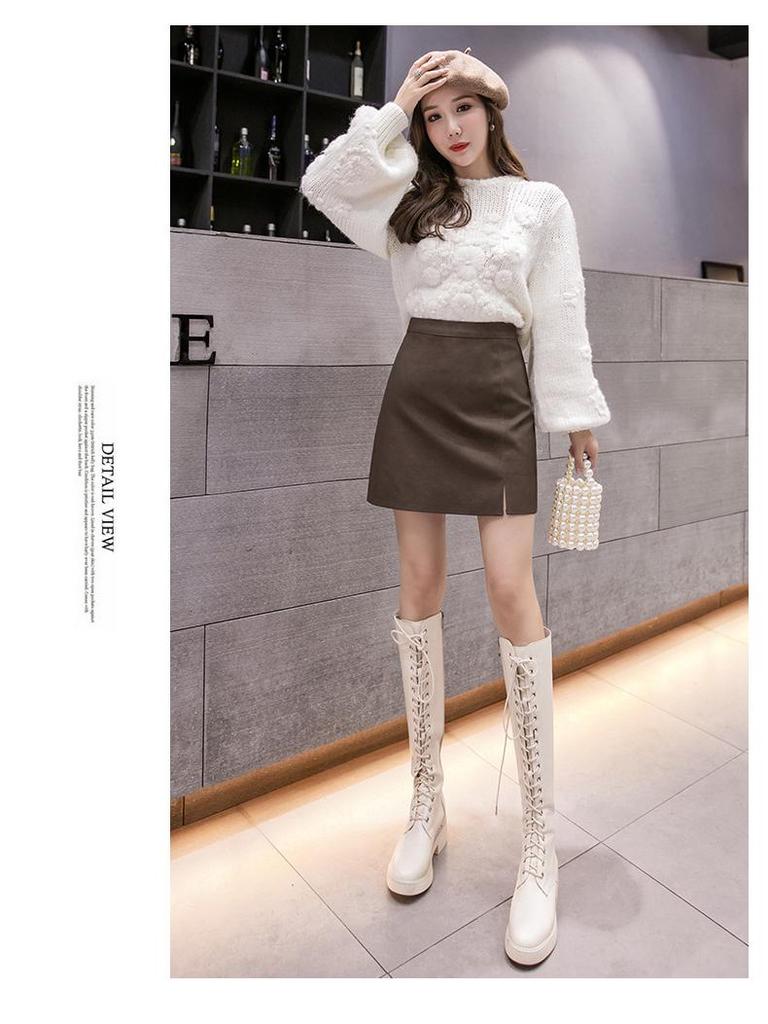 2026 Autumn/Winter Matte Frosted Coffee PU High Waist A-Line Midi Skirt