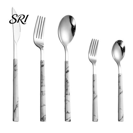 Stylish Dining Utensils Stainless Steel Tableware Set 5 Piece Ergonomic Marble Handle Flatware Includes Steak Knife Fork Spoon Coffee Durable And for