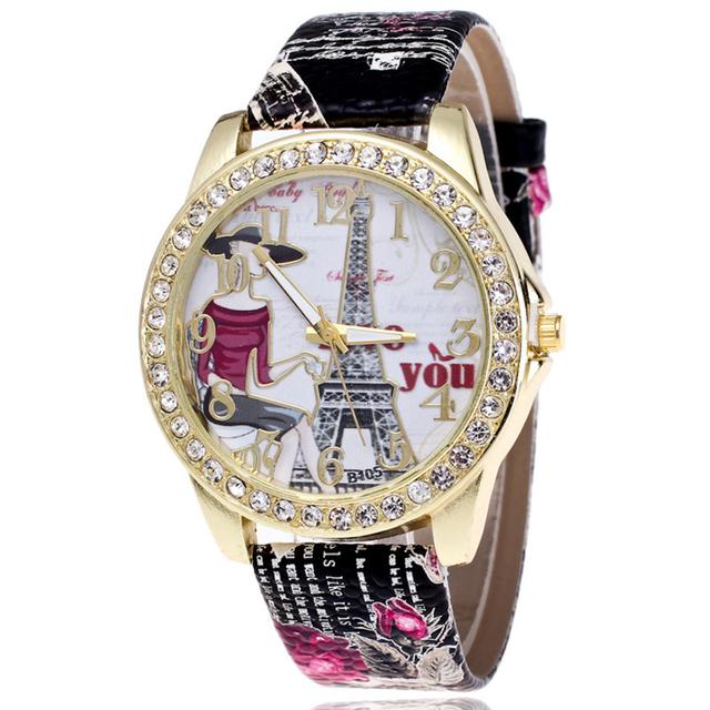 Women Rhinestone Inlaid Flower Round Dial Faux Leather Band Quartz Wrist Watch Fashion Quartz Wrist Watch Women