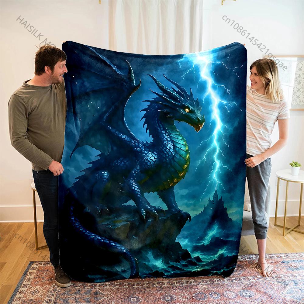 Multiple Sizes Blue Dragon Faces Lightning Print Blanket Flannel Material Soft Warm for All Seasons Home Outdoor Camping Picnics
