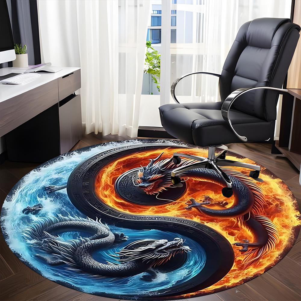 1pc Yin Yang Dragons Chair Carpet for Office, Round Non Slip Durable Large Size Office Carpet, Suitable for Office