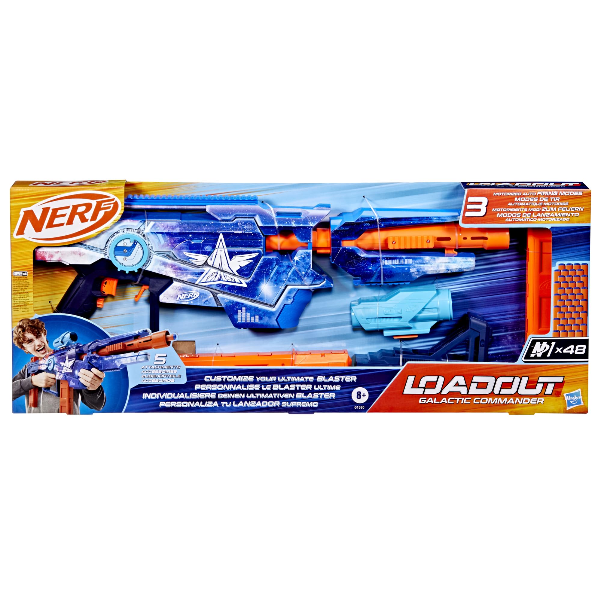 

Hasbro Nerf Loadout Galactic Commander Электрический бластер с 3 режимами, 3 аксессуарами и 48 стрелами N1, игрушка и подарок для детей, 8+ лет (G1580) аутентичный