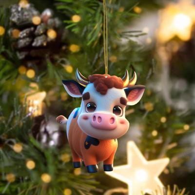 7Pcs Cartoon Calf Pendants Cute Fun Cow Christmas Tree Ornaments Car Interior Animal Hanging Decoration