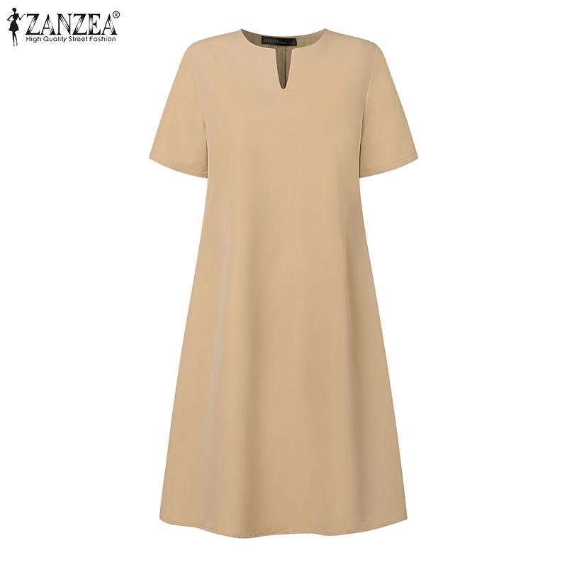 ZANZEA Women Casual V-Neck Solid Color Summer Short Sleeve Dress