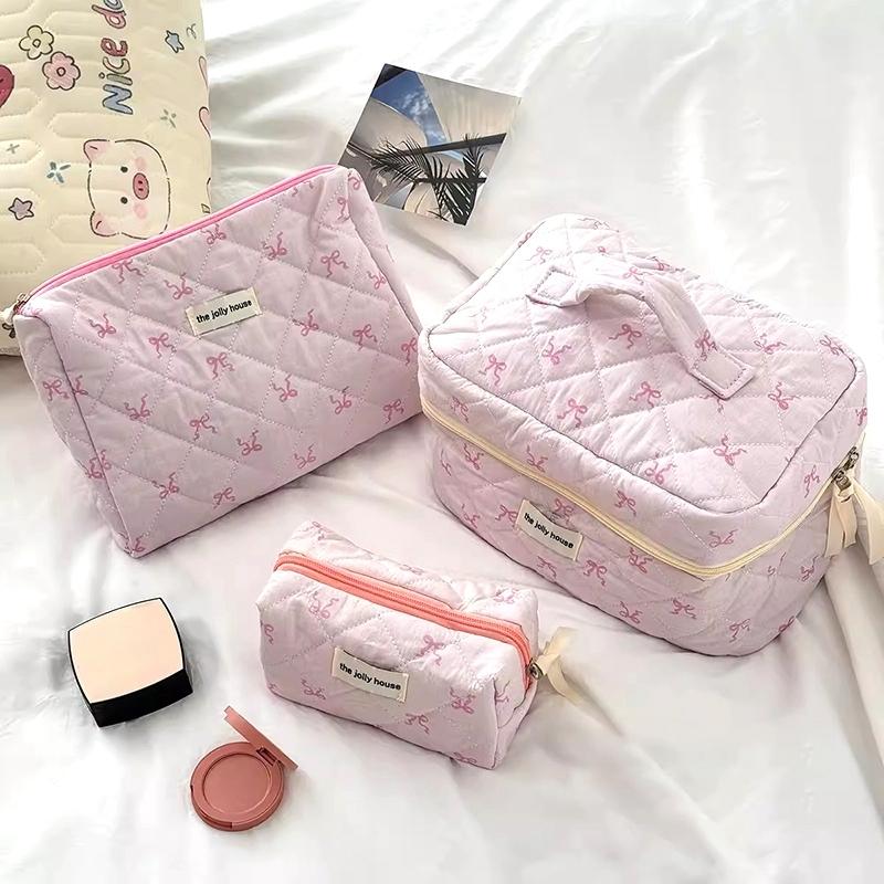 Pink Bow Cosmetic Bag Women Quilting Cosmetic Pouch Large Capacity Makeup Bag Portable Zipper Toiletry Organizer Handbag