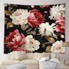 Black Floral Tapestry Retro Flower Bloosom Rustic Rose Watercolor Peony Vintage Boho Gothic Spring Plant Leaves Home Decor Wall