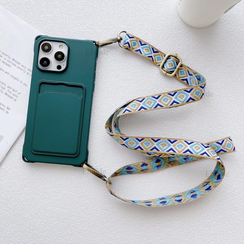 

Crossbody Strap Case For iPhone 14 12 13 Mini 11 Pro Max X XR XS 7 8 15 Plus Vintage Lanyard Neck Silicon Wallet Card Slot Cover for iPhone 12 Pro