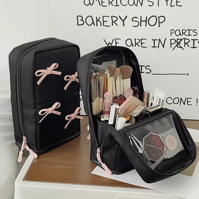 Korean Ins Style Makeup Bag with Bow - Large Capacity Skincare & Wash Bag