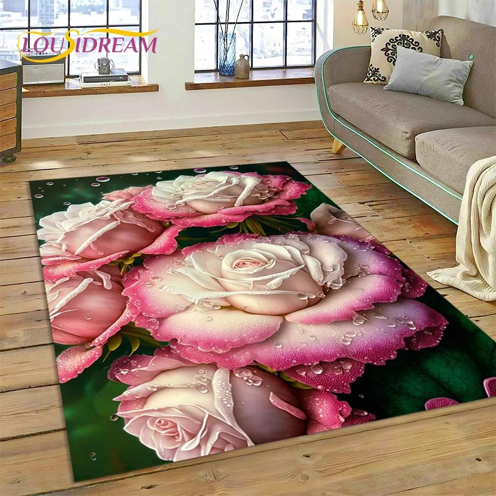 Růžové Květiny Severská Láska Romantický Koberec Kobereček do Ložnice Obývacího Pokoje Domácí Dekorace na Pohovku, Dětská Hra Velká Dekorativní Podložka na Podlahu