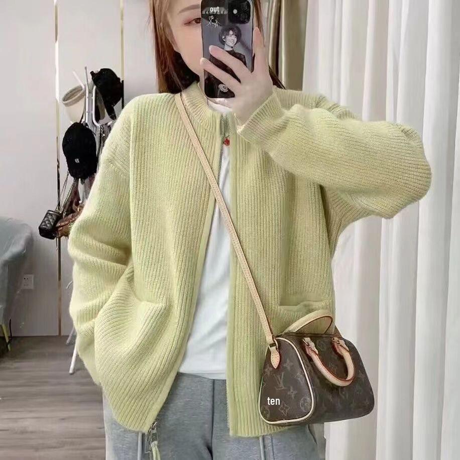 Korean Style Knitted Zipper Round Neck Cardigan - Retro Spring/Autumn Sweater