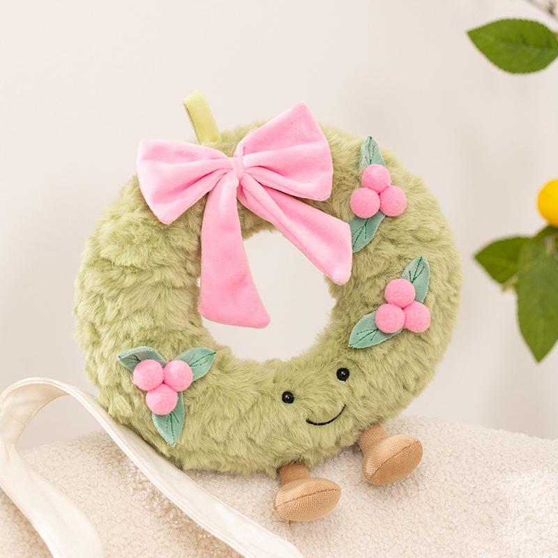 Sweet Green Wreath Plush Toy Stuffed Smiling Humanoid Pink Bow Tie Plushie Kawaii Home Decor Christmas Gift