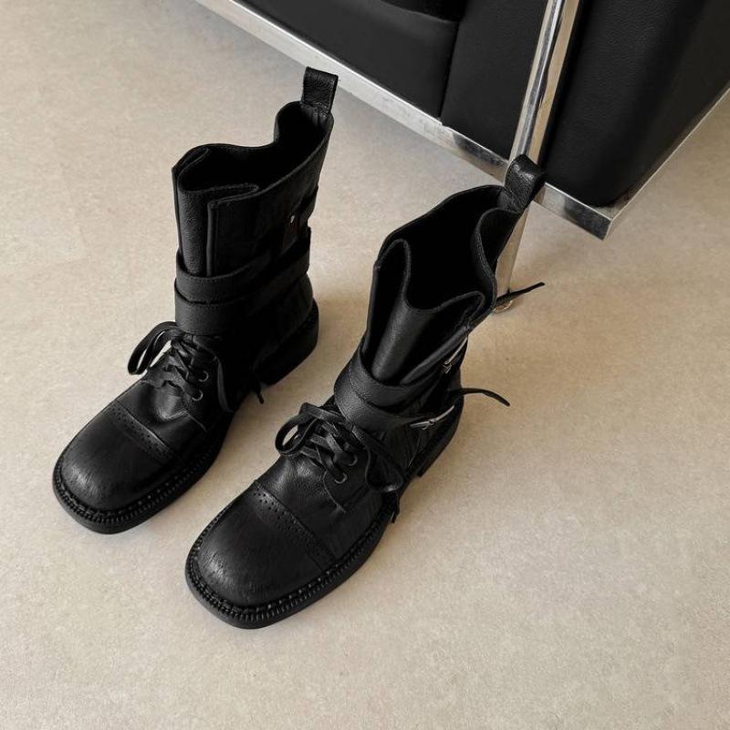 Autumn and Winter Large Tube Knight Boots Women's Leather Large Size Women's Boots Sleeve Solid Color Cowhide Rubber Sole Versatile Medium Tub