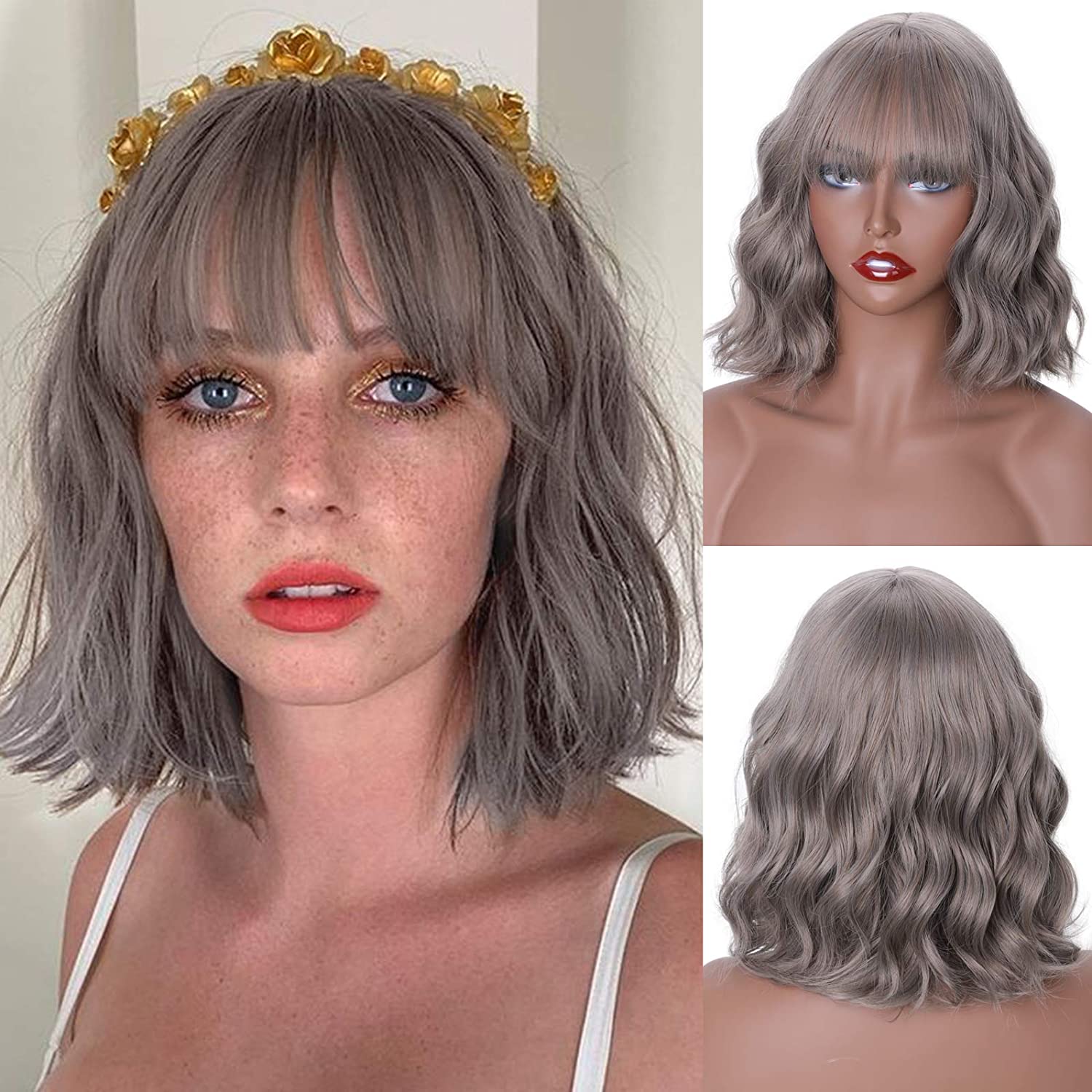 

MERISIHAIR Короткий синтетический парик Боб Короткий волнистый парик с челкой для женщин Термостойкие синтетические парики Натуральный волнистый парик