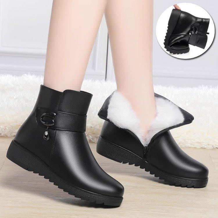 Mom cotton boots women's winter new velvet warm elderly cotton shoes comfortable middle-aged women's leather shoes round head short boots