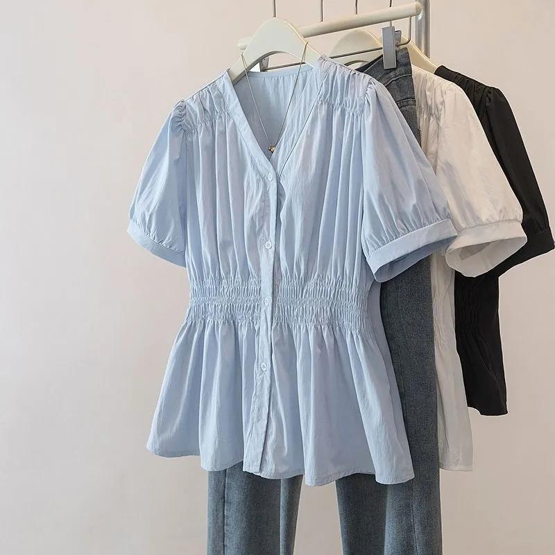 Camicetta Estiva da Donna Scollo a V Vita Camicia Colore Unico Design Taglie Forti Skinny Copri Carne Blusa