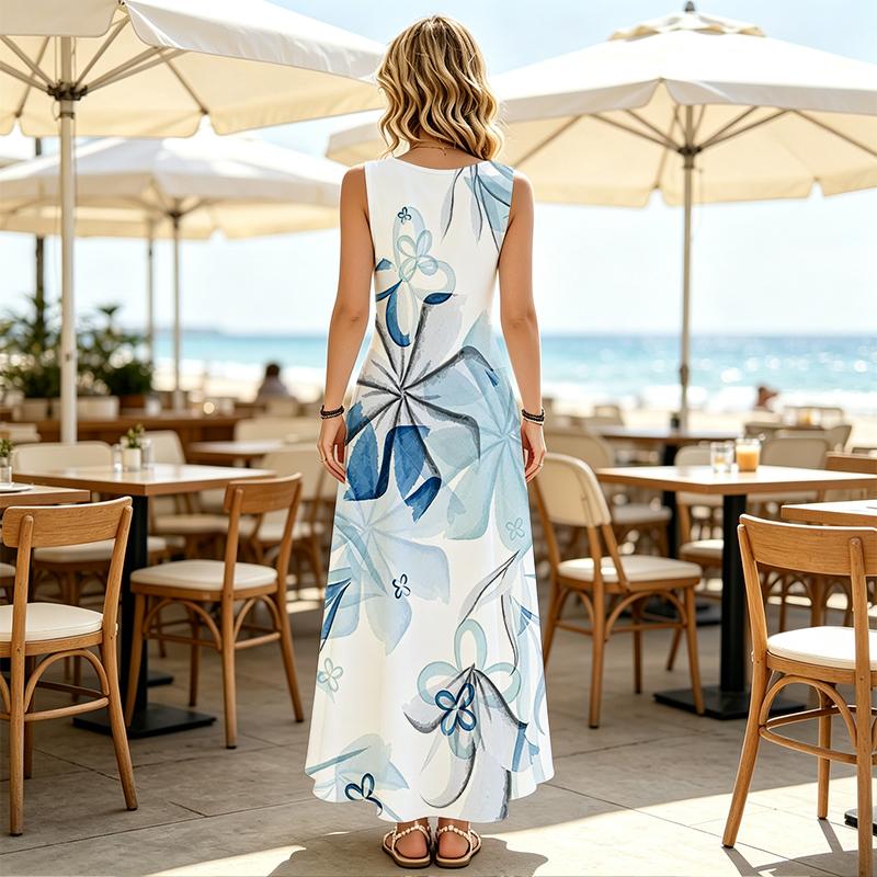 Women's Sleeveless Maxi Dress Loose Fit,Lightweight Breathable,Blue & White,Ideal for Beach Vacation & Daily Casual Outings,Simple & Versatile Fashion