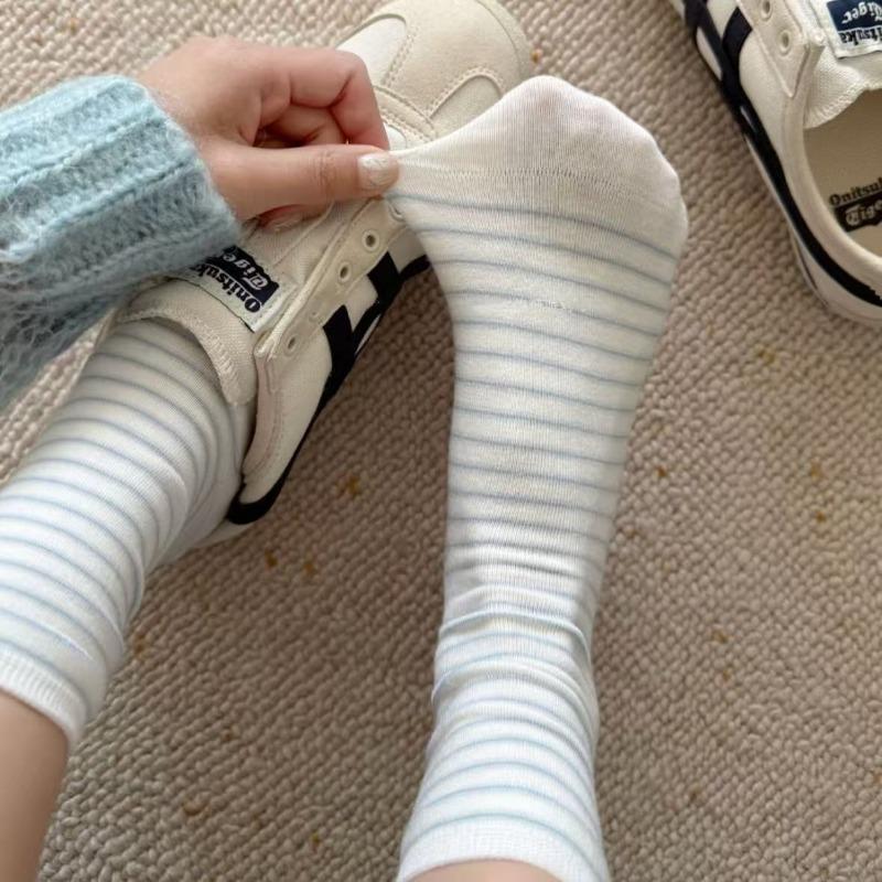 Women's New Spring and Summer Pure Cotton Sweat Absorbing Breathable Boneless Striped Tube Stack Socks