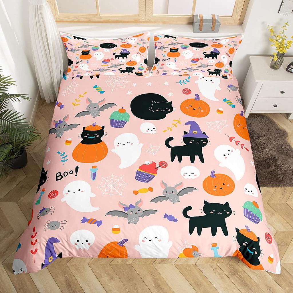 Halloween Bettbezug Zuckerschädel Kopf Bettwäsche Set Queen/Full Größe, Gruselig Erschreckende Fledermäuse Skelett Bettdeckenbezug für Teenager Jugendliche