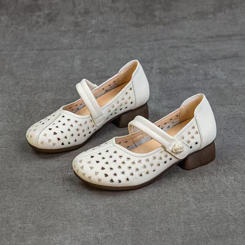 

Мамины сандалии женские новые ретро полые дышащие туфли с отверстиями удобная мягкая подошва толстый каблук Мэри Джейн одинарные туфли 35 бежевый