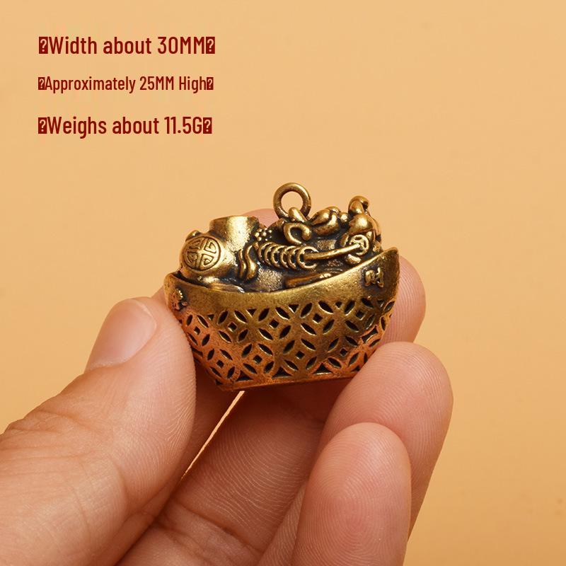 Brass Pendant Keychain: Winnowing Basket & Yuanbao Pixiu Amulet with Hundred Blessings Jar (Gold & Silver Filled)