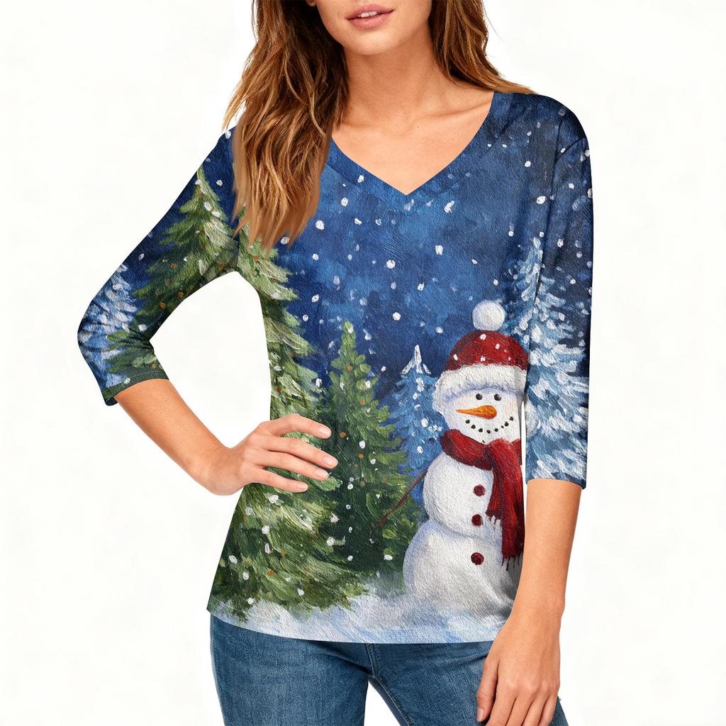 3/4 Sleeve Shirts For Women Print Christmas Tees Blouses Casual Plus Size Basic Tops Pullover
