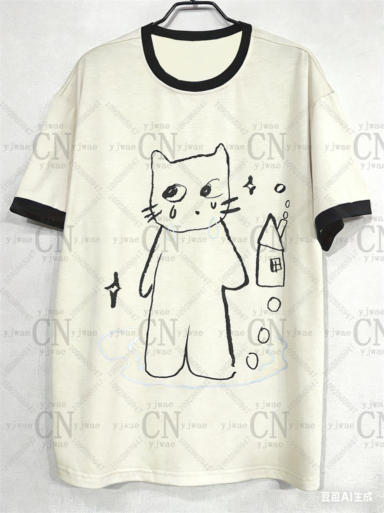 2026 Damen Y2k Retro Koreanische Mode T-Shirt Schnitt Katze Grafik Kurzärmelig Modisch Streetwear Sommer Herren Damen T-Shirts