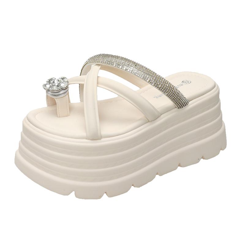 Mode Damen Sommer Bling Klobige Pantoletten Hohe Plateau Flip Flops 8,5CM Keilabsatz Pantoletten Süße Mädchen Sandalen Offene Zehen Strandschuhe