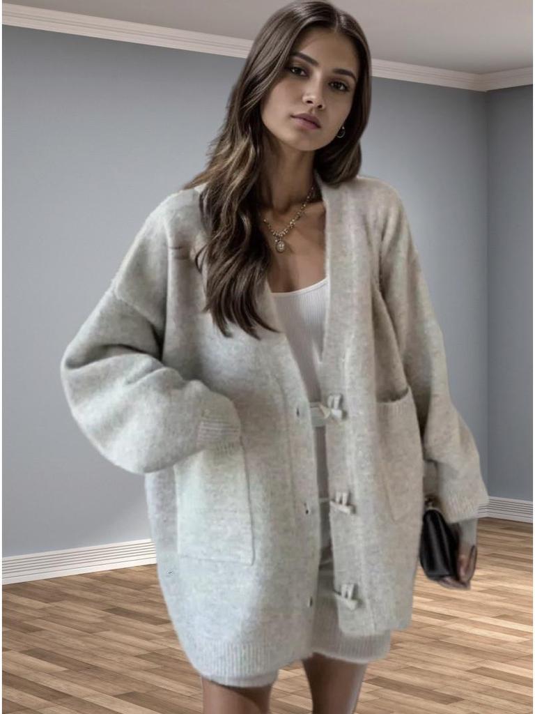 Damen Übergröße Hornknebel Strickjacke - 2024 Herbst/Winter Lockerer Oberbekleidungs Pullover Mantel