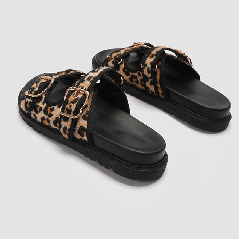 Leopard Metal Buckle Design Women Slippers Sexy Comfort Non Slip Slide Sandals 2025 Summer Platform Flip Flops