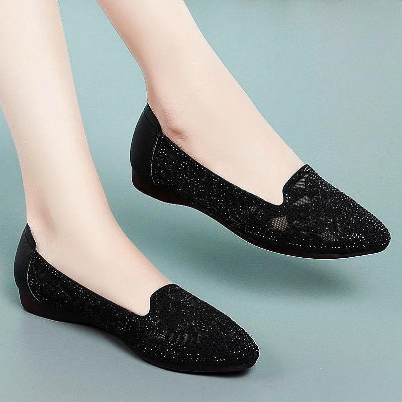 Spring Summer Women's Beef Tendon Bottom Soft Leather Shallow Mouth Soft Bottom Low Heel Hollow Women's Shoes Breathable Mesh Women's Single Shoes