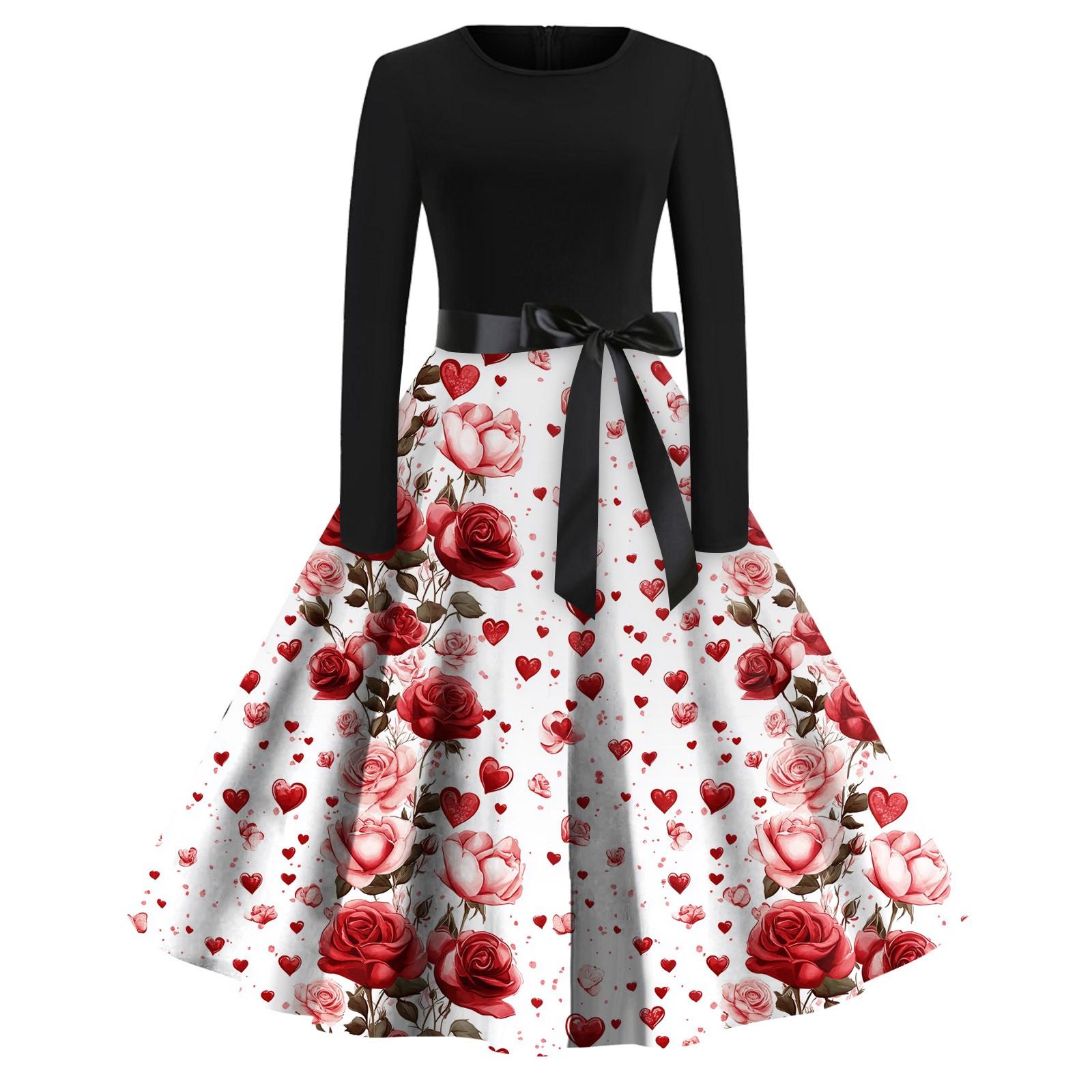 

Women s Printed Round Neck Big Hem Skirt Pleated Skirt Long Sleeved Dress Dress XL білий