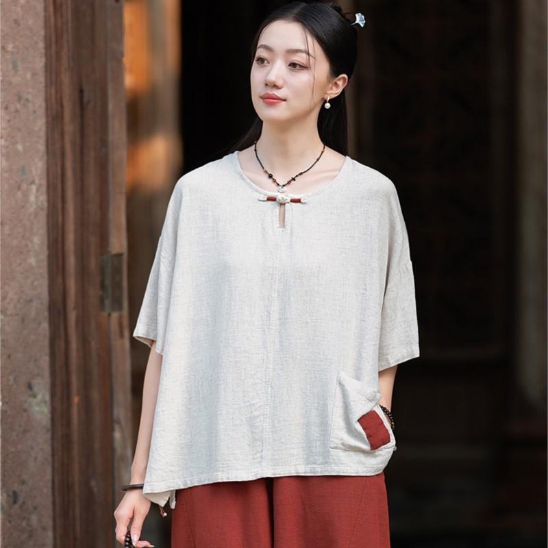 

Johnature Женские винтажные футболки с карманами в стиле пэчворк, с круглым вырезом и коротким рукавом, летние футболки в китайском стиле One Size бежевый