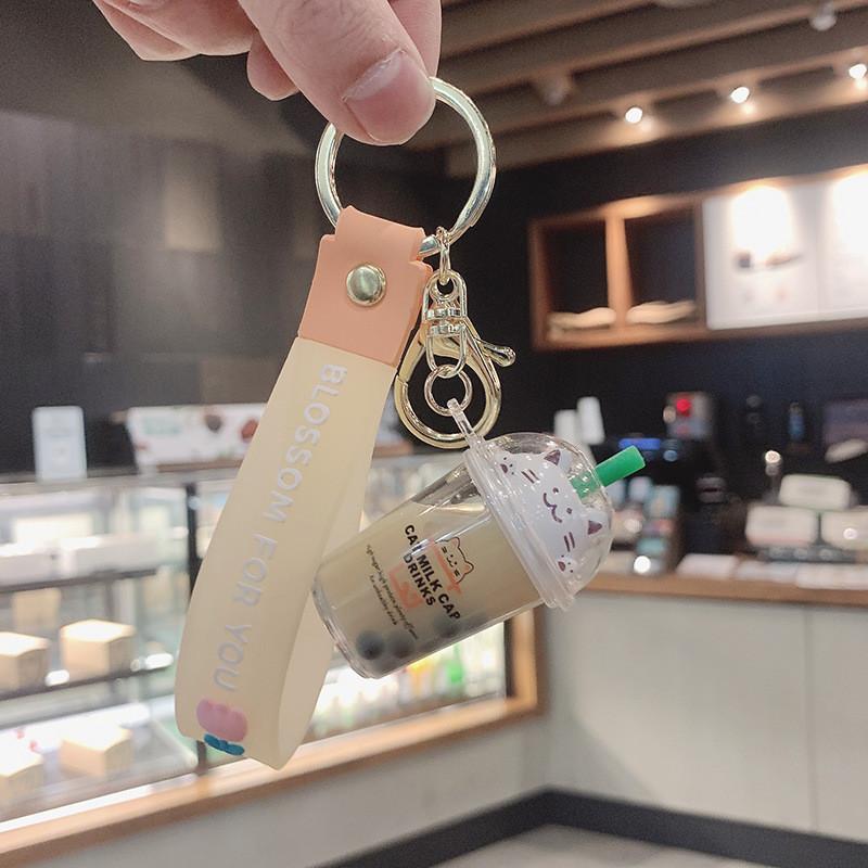 Cat Cute Cartoon Milk Tea Cup Keychain Acrylic Liquid Oil Keyring Lovely Pendant