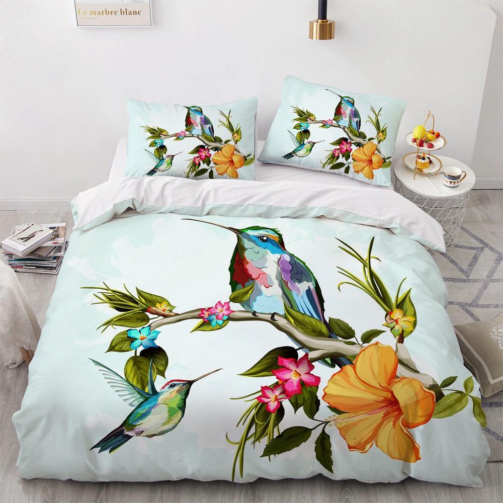 Flower Bird King Queen Duvet Cover Colorful Tropical Floral Bedding Set For Women Watercolor Plant 2/3pcs Polyester Quilt Cover
