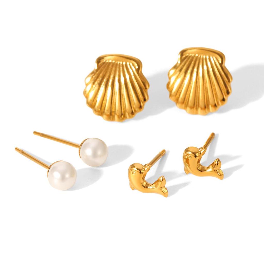 Luxury Set: Stainless Steel Pearl Stud, Dolphin Shell, Titanium Steel Earrings
