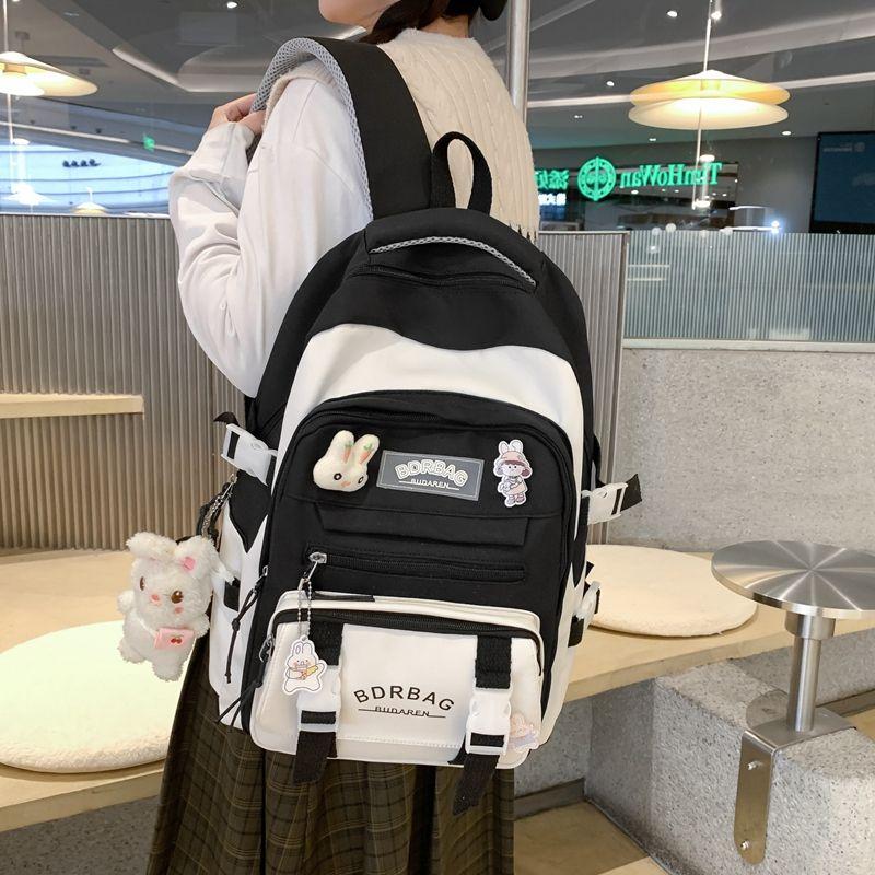 

Красивый черно-белый водонепроницаемый рюкзак для девочек, снижающий нагрузку, школьный ранец Black (badge + pendant)