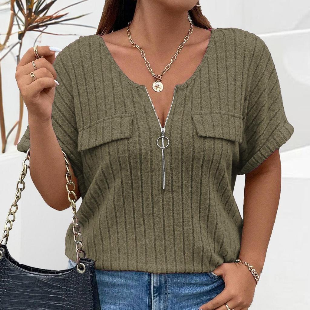 EastRogue Women's Fashion Casual Large Size Solid Color Print Summer Spring Short Sleeve V-Neck Loose Fake Pocket Pullover T-shirt