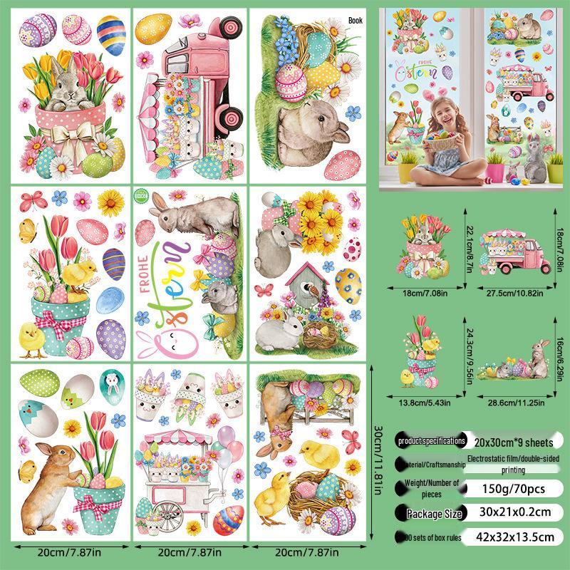 Cartoon Rabbit & Colored Eggs Static Cling Window Decor Stickers for Easter